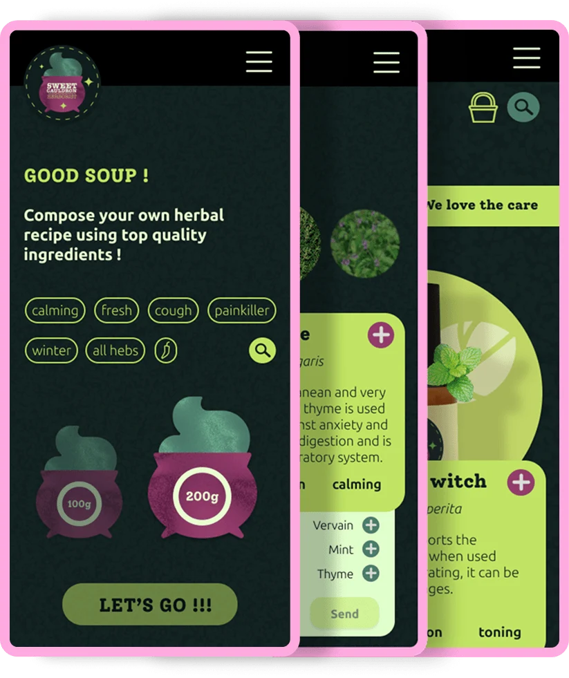 screens of the herbalist app project sweet cauldron